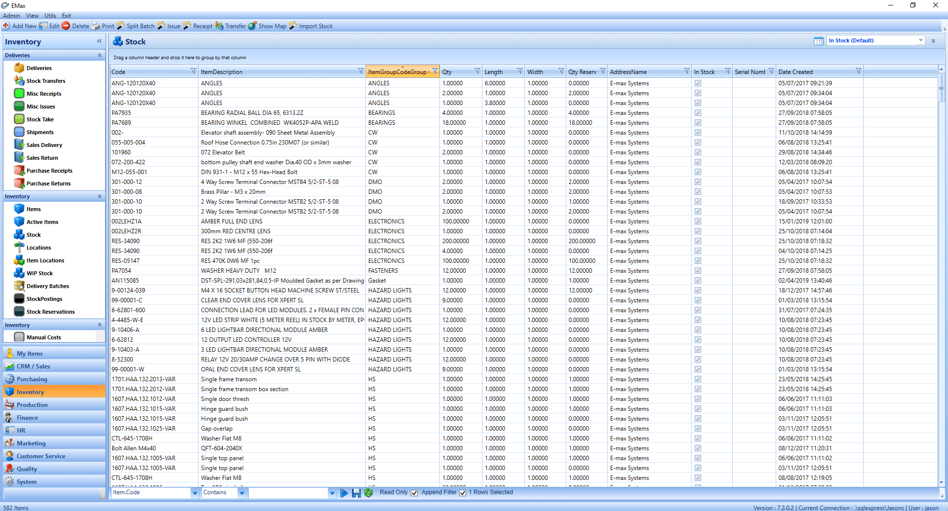 Current stock list - stock control in manufacturing