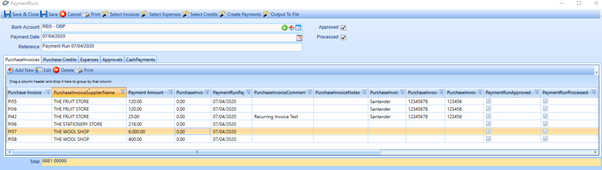 E-Max ERP Payment Run screen