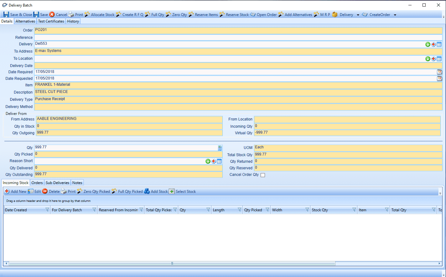 Stock records created in advance of delivery - stock control in manufacturing