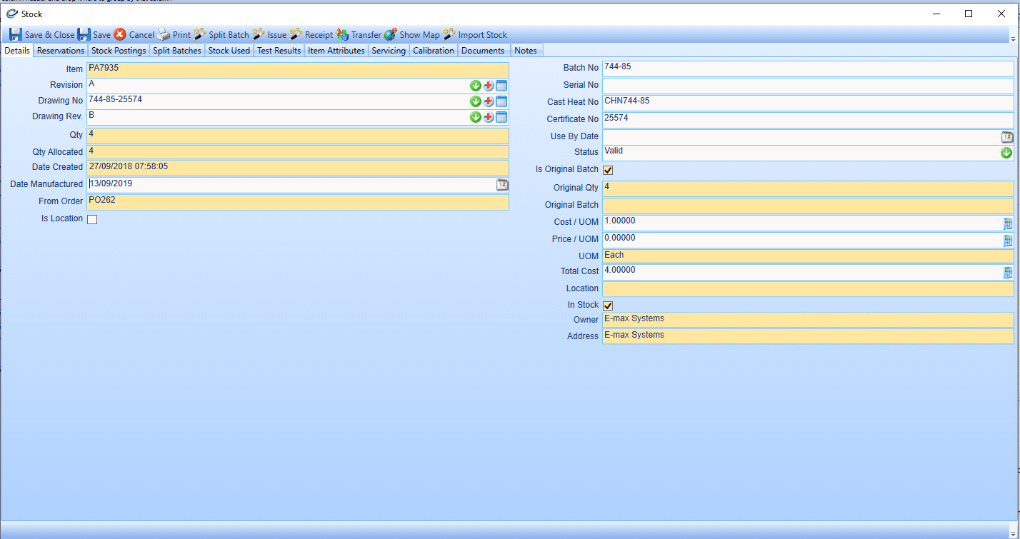 Stock Ownership, batch serial number - stock control in manufacturing