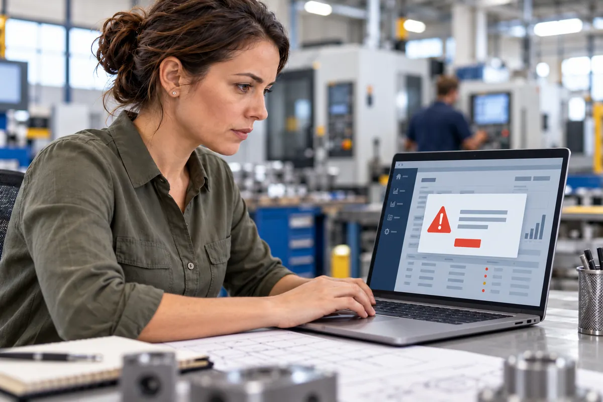 Engineer reviewing an ERP support-ending notification on a laptop in a manufacturing workshop