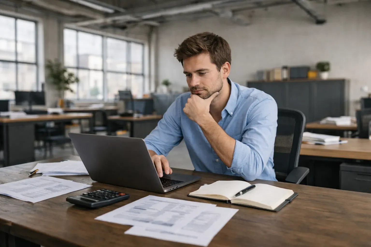 Professional reviewing financial data on a laptop in an office workspace