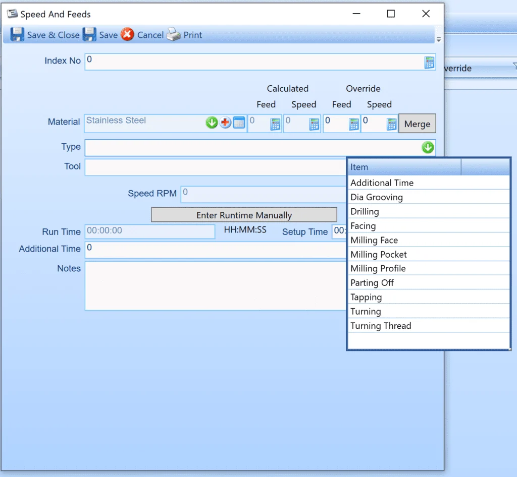Types of activity E-Max Speeds and Feeds calculator can use