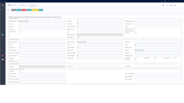 E-Max ERP Vehicle Database screen